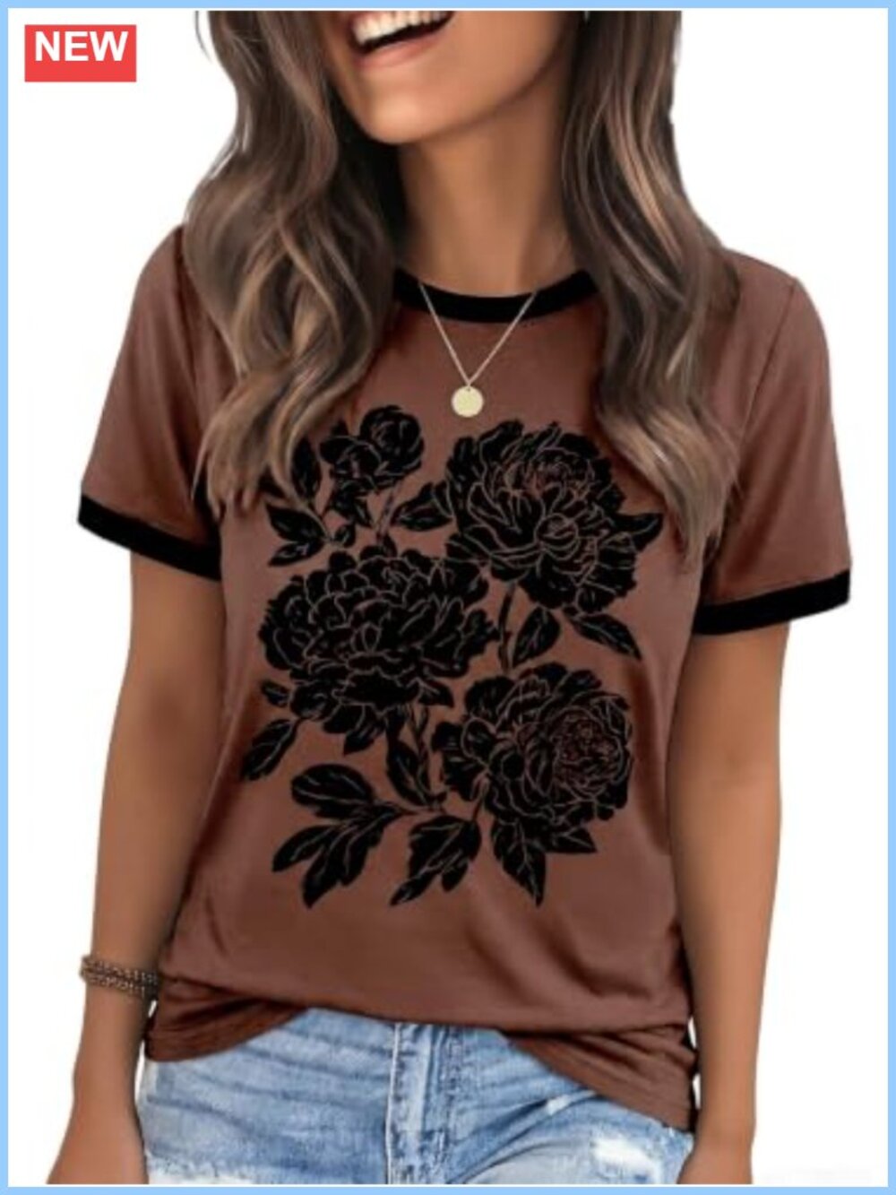 Womens Graphic Tee Short Sleeve Vintage Floral Ringer T-Shirt Cotton Blend
